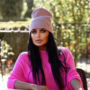 Visszahajtós női kötött vékony lógós sapka+sál