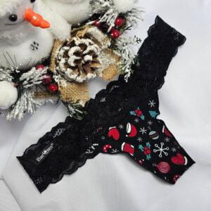 Mikulásos-Karácsonyi tanga fekete-karácsonyfa mintás