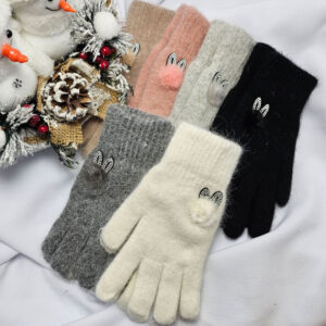 Kötött 5 ujjas nyuszi mintás kesztyű