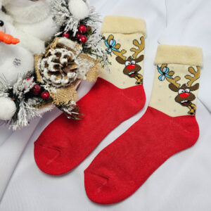 Karácsonyi-mikulásos VASTAG zokni rénszarvas mintás drapp
