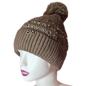 Női kötött polár béléses sapka anyagában mintás csíkos-MOGYORÓ